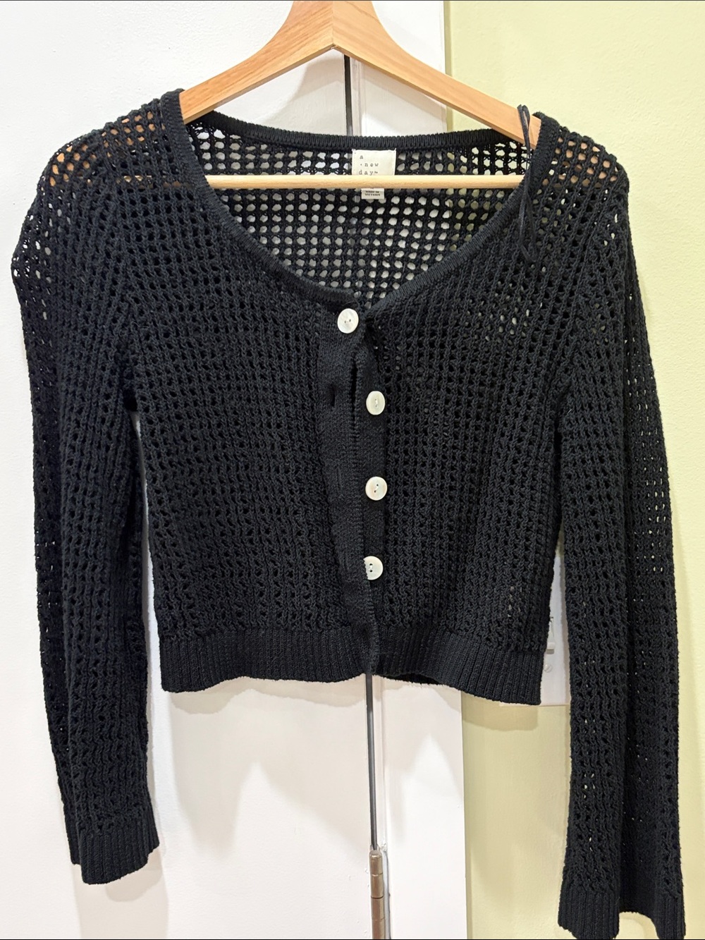 a new day Black Open-Weave Cropped Button Cardigan